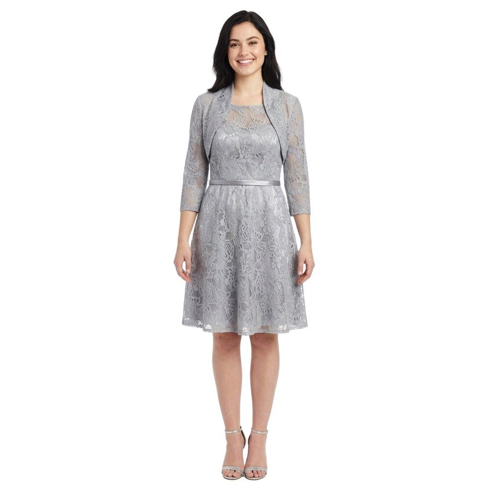 MayQueen 1209 Short Lace Formal Gown With Jacket-Size 12 -SILVER-NEW With Tags